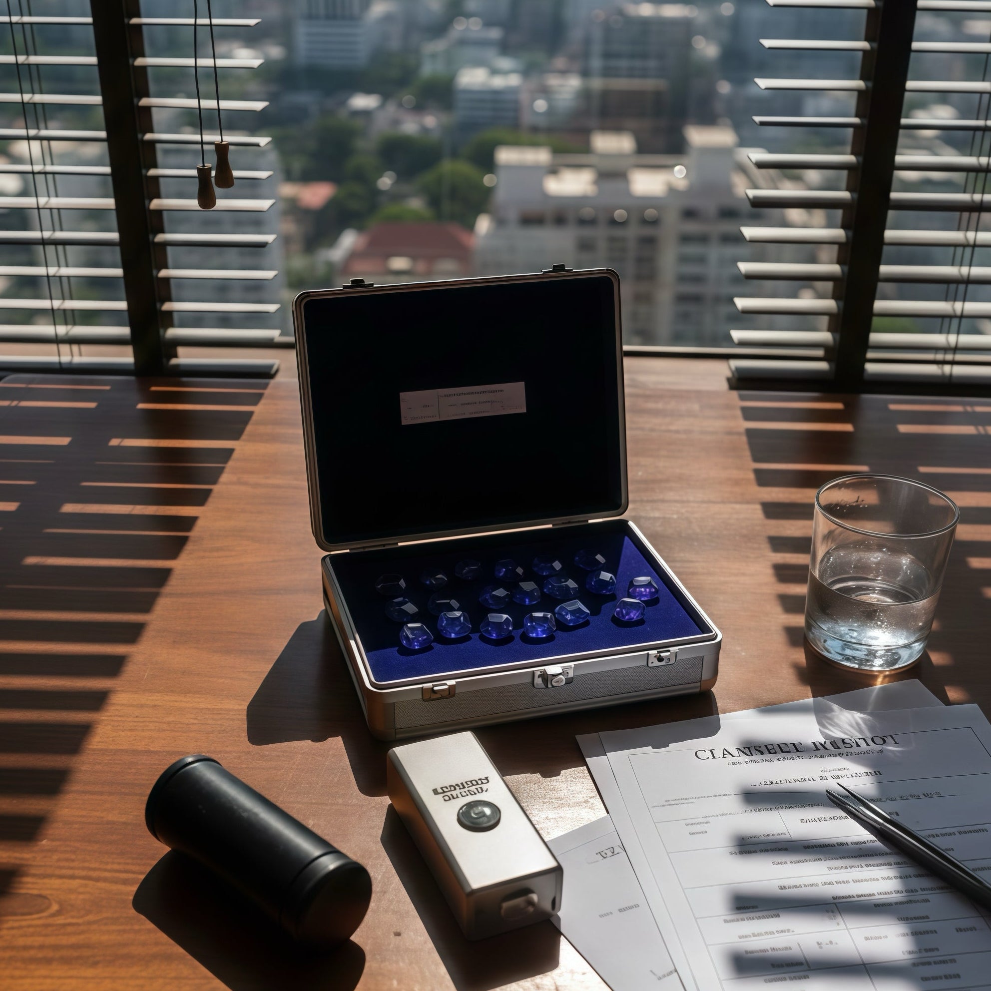Suitcase with blue interior on a wooden desk with cityscape view